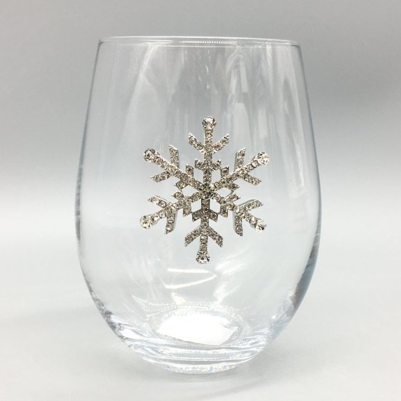2 Jeweled Rhinestone Snowflake Stemless Wine Glass Set Silver Christmas Holidays - Picture 3 of 8